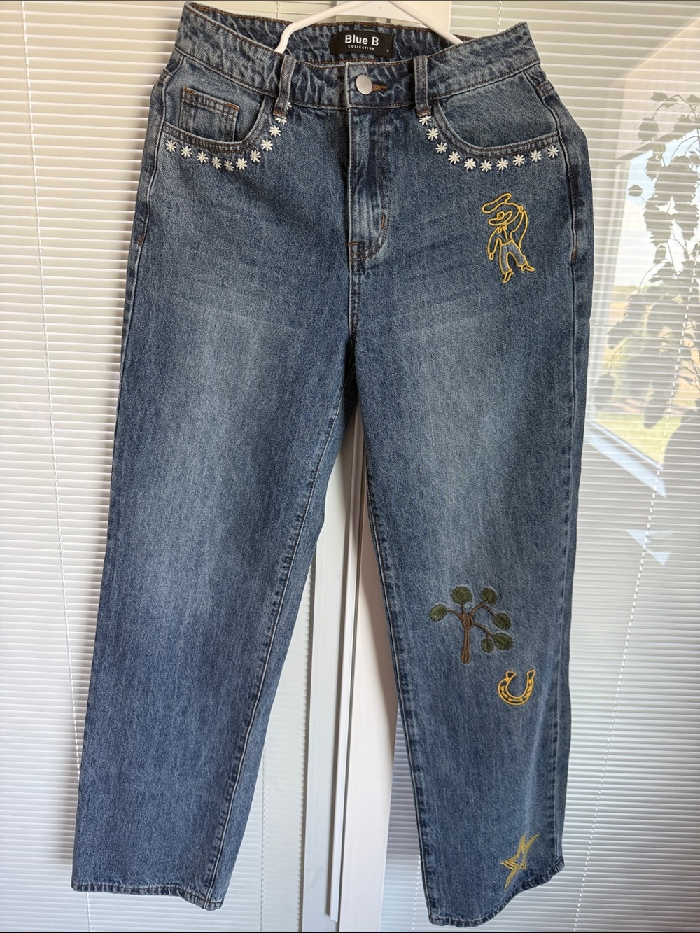 Blue B Women's Straight Leg Jeans in Medium Blue with Embroidered Accents